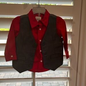 Boys holiday set, red dress shirt, grey vest, size 12 month